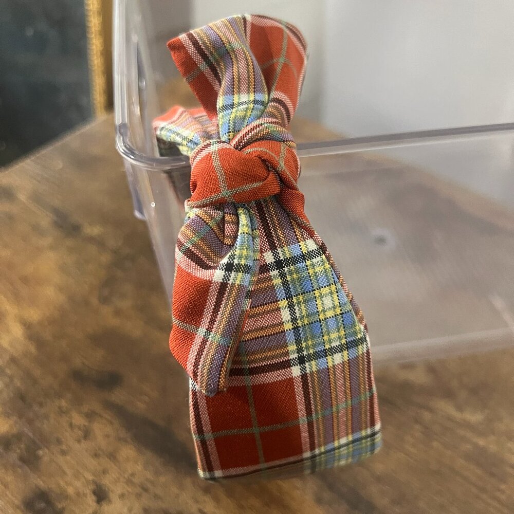 Autumn brown and green plaid tie knot headband